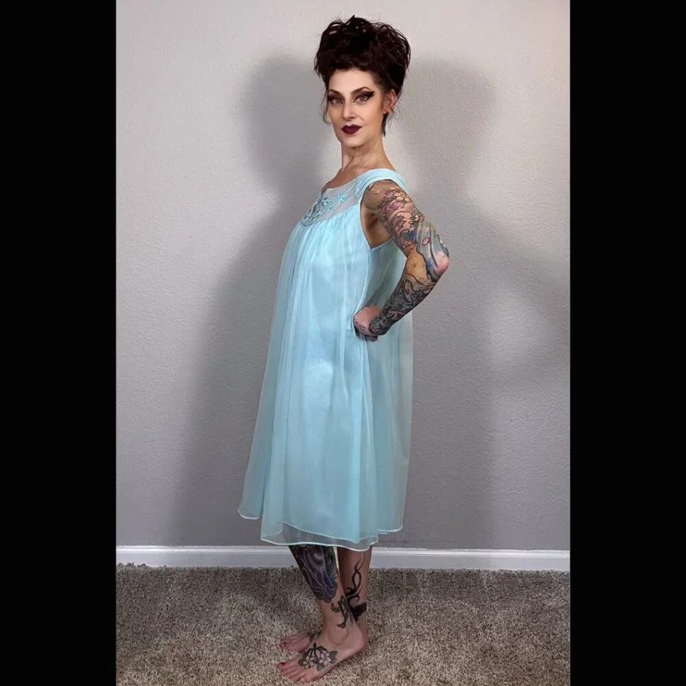 60s Bright Blue Babydoll Double Layer Lingerie Embroidered Floral Mod Pinup M L - Picture 10 of 15
